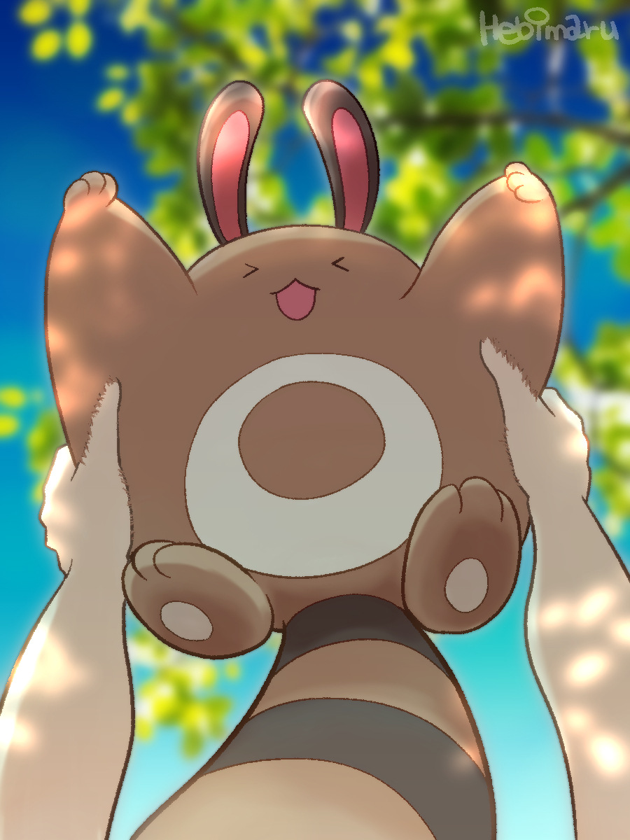 &gt;_&lt; 1other :d artist_name blurry blurry_background commentary_request day hebimaru highres holding holding_pokemon open_mouth outdoors pokemon pokemon_(creature) pov sentret signature sky smile
