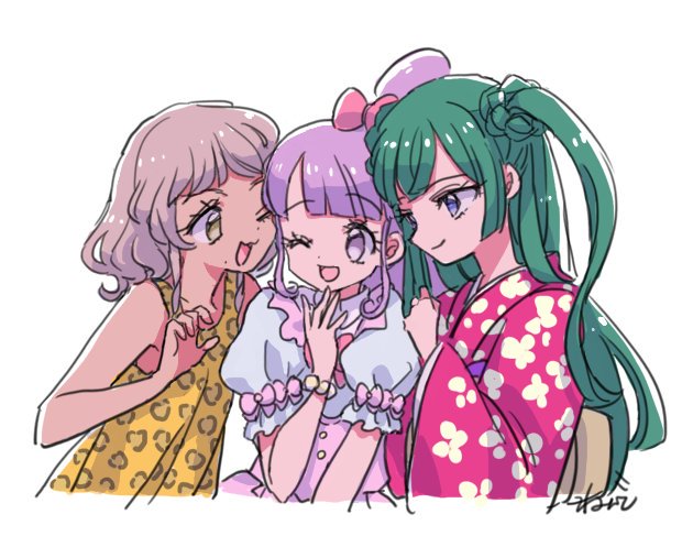 3girls :d animal_print bare_shoulders blue_eyes blunt_bangs bow brown_hair closed_mouth commentary_request cropped_torso green_hair hair_bow hand_up japanese_clothes kimono leopard_print long_hair long_sleeves looking_at_another manaka_non mole mole_under_mouth multiple_girls one_eye_closed open_mouth pink_bow pretty_(series) pripara puffy_short_sleeves puffy_sleeves purple_hair red_kimono rituyama1 shirt short_hair short_sleeves side_ponytail signature simple_background sleeveless sleeveless_shirt smile taiyou_pepper tan tsukikawa_chiri two_side_up upper_body violet_eyes white_background wide_sleeves yellow_shirt