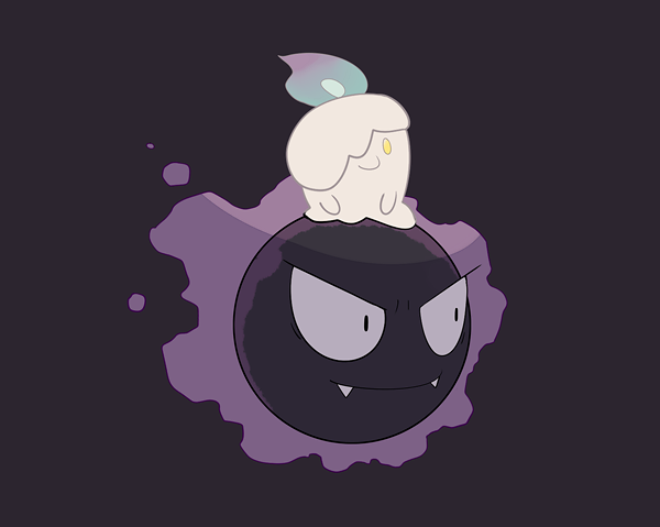 closed_mouth fangs fangs_out fire gastly jaho litwick no_humans on_head pokemon pokemon_(creature) pokemon_on_head smile yellow_eyes