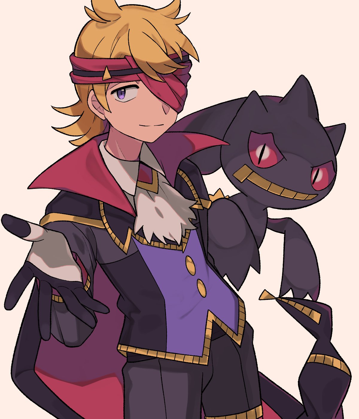 1boy ascot banette black_cape blonde_hair buttons cape closed_mouth commentary_request cowboy_shot gloves headband highres long_sleeves looking_to_the_side male_focus medium_hair morty_(fall_2021)_(pokemon) morty_(pokemon) official_alternate_costume pants pink_headband pokemon pokemon_(creature) pokemon_(game) pokemon_masters_ex smile split_mouth tyako_089 vest violet_eyes white_ascot zipper