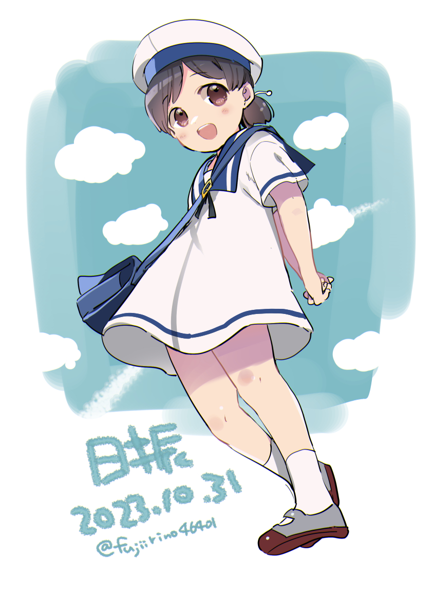 1girl bag black_hair blue_sailor_collar blue_sky brown_eyes character_doll clouds dated dress fujii_rino full_body hat hiburi_(kancolle) kantai_collection low_ponytail one-hour_drawing_challenge open_mouth round_teeth sailor_collar sailor_dress sailor_hat shoes short_hair short_sleeves sky smile socks solo teeth upper_teeth_only uwabaki white_dress white_headwear white_socks
