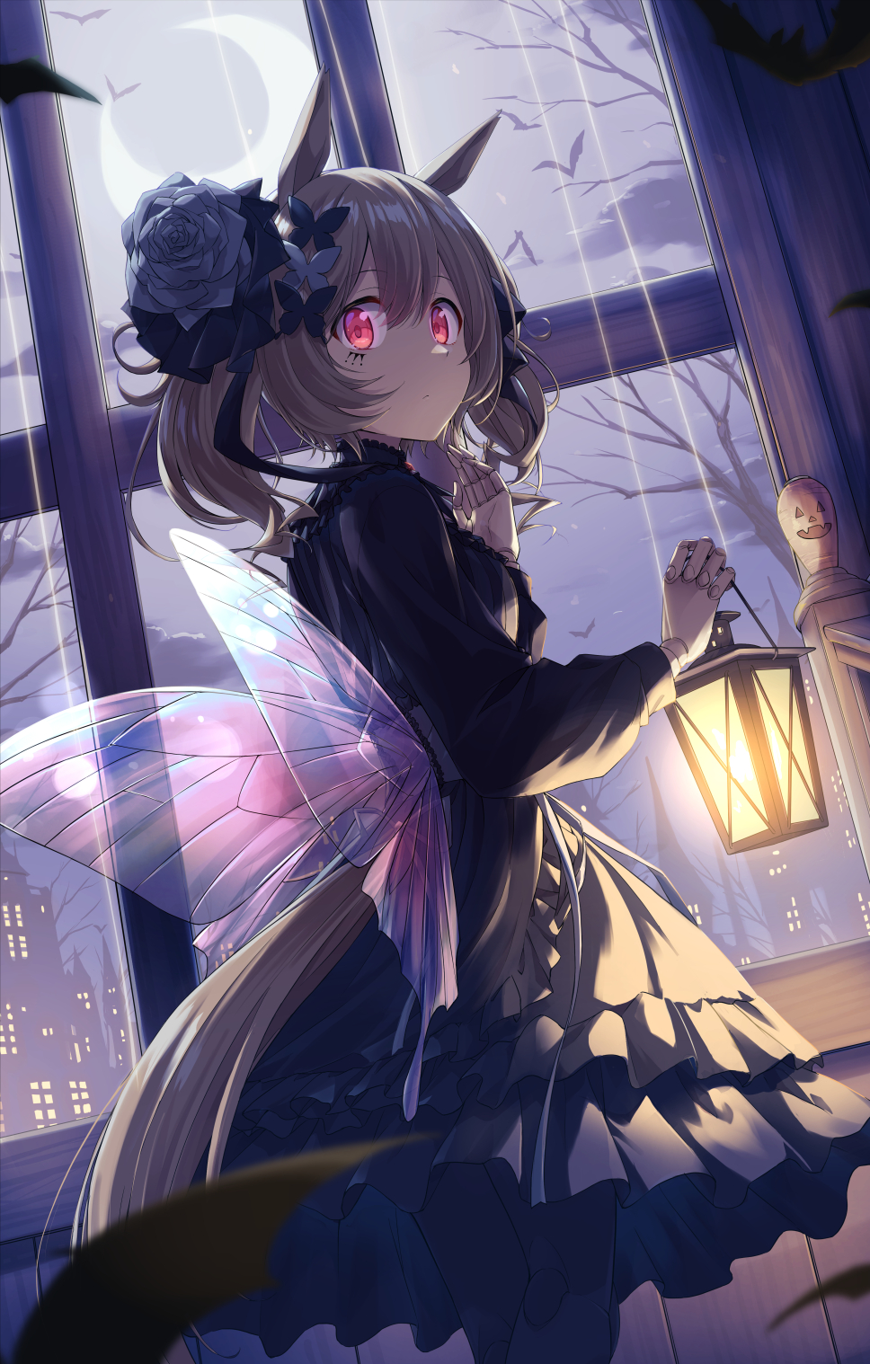 1girl animal animal_ears bat_(animal) brown_hair butterfly_hair_ornament butterfly_wings closed_mouth doll_joints fake_wings flower hair_flower hair_ornament halloween halloween_costume highres holding holding_lantern horse_ears horse_girl horse_tail indoors joints lantern looking_at_viewer murasaki_himuro purple_flower red_eyes short_hair smart_falcon_(umamusume) solo tail twintails umamusume window wings