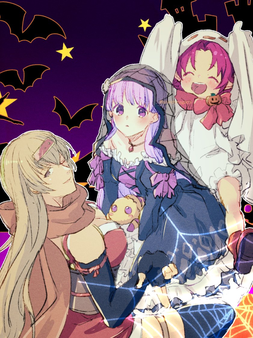3girls alternate_costume blonde_hair breasts fae_(fire_emblem) fire_emblem fire_emblem:_the_binding_blade fire_emblem_heroes forehead_protector ghost_costume halloween halloween_costume igrene_(fire_emblem) igrene_(ninja)_(fire_emblem) long_hair looking_at_viewer multiple_girls ninja nishimura_(nianiamu) official_alternate_costume open_mouth pointy_ears purple_hair scarf short_hair smile sophia_(fire_emblem) sophia_(halloween)_(fire_emblem) violet_eyes yellow_eyes