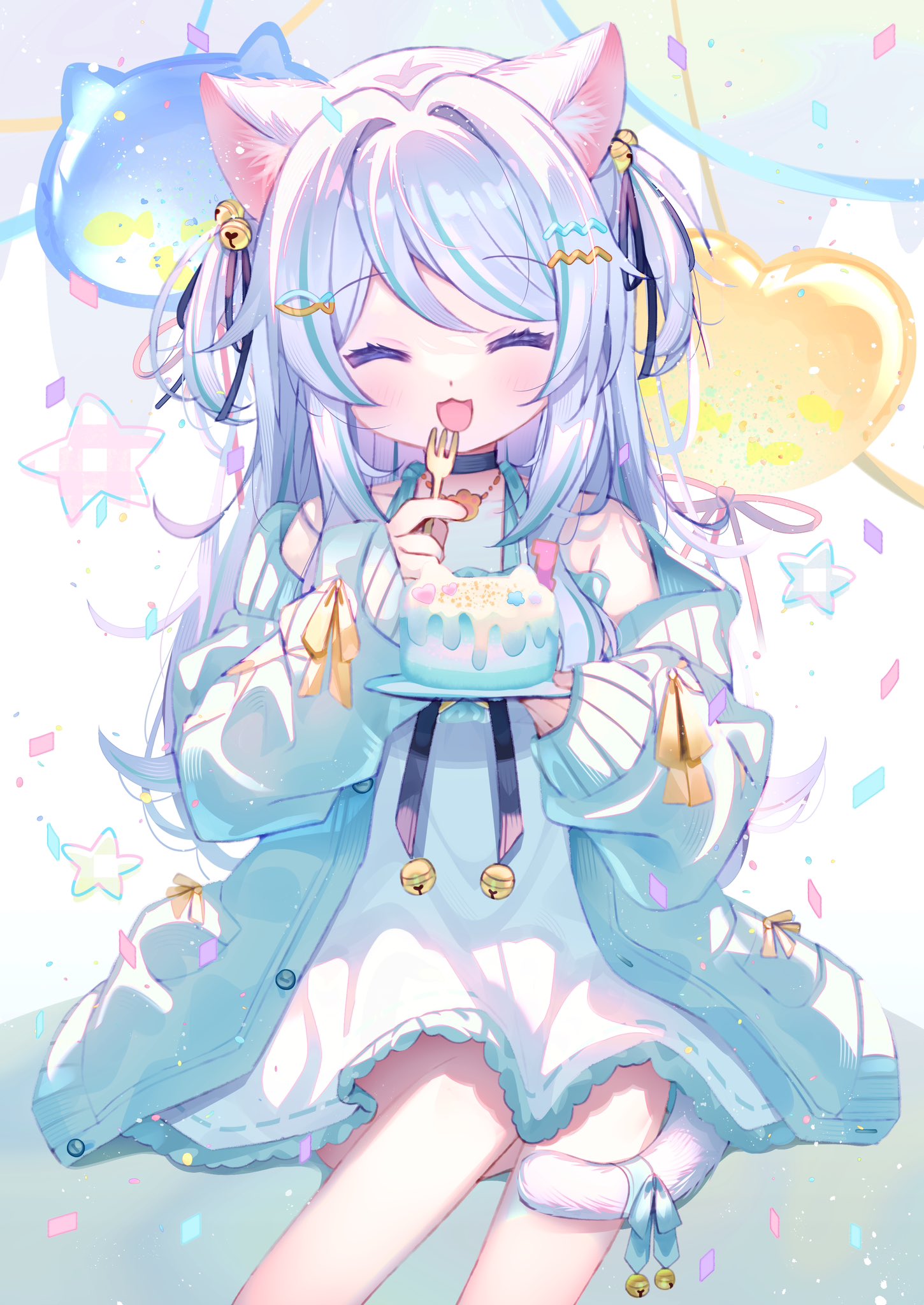 1girl :d ^_^ animal_ear_fluff animal_ears aqua_hair bell black_choker blue_cardigan cake cardigan cat_ears cat_girl cat_tail choker closed_eyes d_omm dress facing_viewer food fork frilled_dress frills grey_hair hair_bell hair_ornament highres indie_virtual_youtuber long_hair long_sleeves multicolored_hair nekono_shiyu off_shoulder open_cardigan open_clothes open_mouth plate second-party_source sitting sleeveless sleeveless_dress smile streaked_hair tail two_side_up virtual_youtuber white_dress white_hair
