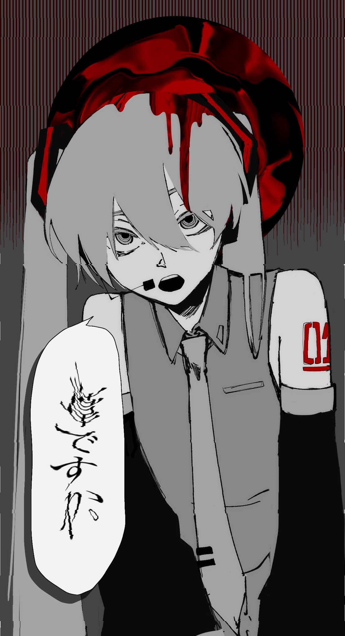 1girl 78_naaaba ashi_desu_ka._(vocaloid) bare_shoulders collared_shirt commentary detached_sleeves distortion dripping grey_background greyscale hatsune_miku headset highres long_hair looking_at_viewer monochrome necktie open_mouth red_background ringed_eyes sanpaku shirt shoulder_tattoo sleeveless sleeveless_shirt solo speech_bubble spot_color tattoo teeth tie_clip twintails two-tone_background upper_body upper_teeth_only v_arms vocaloid