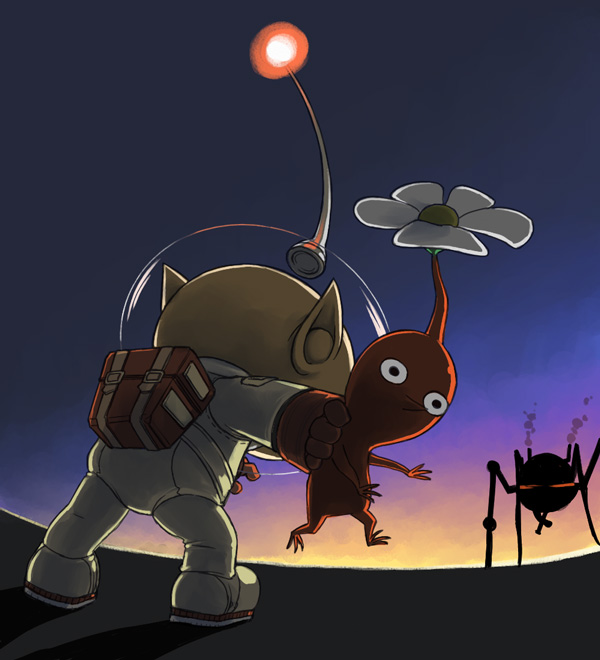 1boy backpack bag black_eyes blue_sky bug colored_skin commentary_request creature fighting_stance flower from_behind full_body gloves helmet holding holding_creature man-at-legs naru_(wish_field) no_mouth olimar patch pikmin_(creature) pikmin_(series) pointy_ears pointy_nose radio_antenna red_bag red_gloves red_light red_pikmin red_skin sky smoke space_helmet spacesuit spider sunlight sunset white_flower