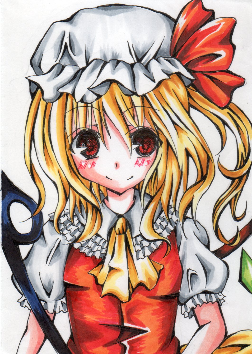 1girl ascot blonde_hair breasts chikusa0902 closed_mouth collared_shirt crystal flandre_scarlet frilled_shirt_collar frilled_sleeves frills hair_between_eyes hat highres holding holding_polearm holding_weapon laevatein_(touhou) light_smile looking_at_viewer medium_hair mob_cap one_side_up polearm red_eyes red_vest shirt small_breasts solo touhou upper_body vest weapon white_background white_headwear white_shirt wings yellow_ascot