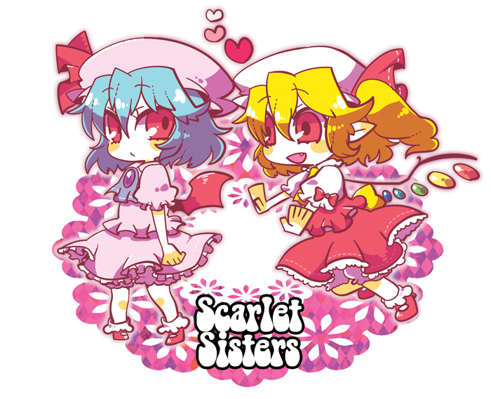 2girls ascot back_bow bat_wings blonde_hair blue_ascot blue_hair bobby_socks bow bowtie brooch character_name chibi closed_mouth fang flandre_scarlet frilled_skirt frilled_sleeves frills from_side full_body hair_between_eyes hat heart jewelry large_bow looking_at_another mary_janes medium_hair mob_cap multicolored_wings multiple_girls one_side_up open_mouth pigeon-toed pink_headwear pink_shirt pink_skirt pointy_ears puffy_short_sleeves puffy_sleeves purple_brooch red_eyes red_footwear remilia_scarlet shirt shoes short_sleeves siblings simple_background sisters skirt socks surigoma touhou white_background white_headwear white_shirt white_socks wings yellow_ascot yellow_bow yellow_bowtie