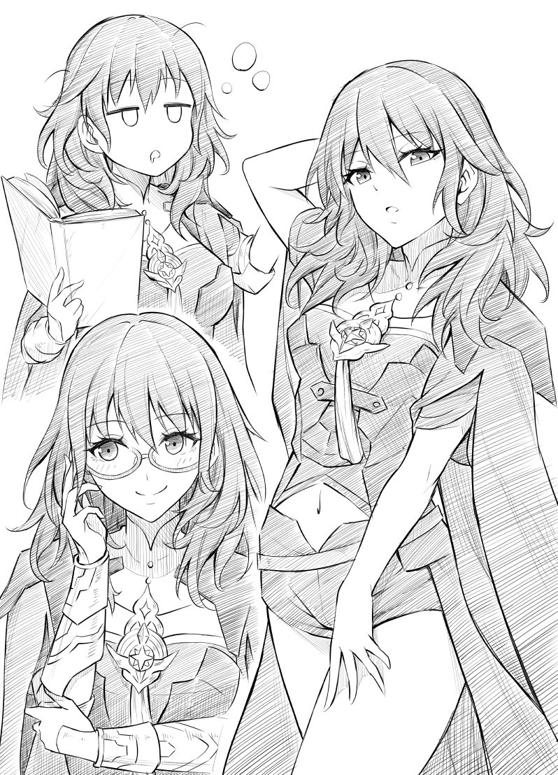 1girl arm_behind_head bespectacled book breasts bustier byleth_(female)_(fire_emblem) byleth_(fire_emblem) coat expressions fire_emblem fire_emblem:_three_houses glasses greyscale holding holding_book long_hair medium_hair midriff monochrome multiple_views navel open_book shorts simple_background smile ten_(tenchan_man) traditional_media white_background
