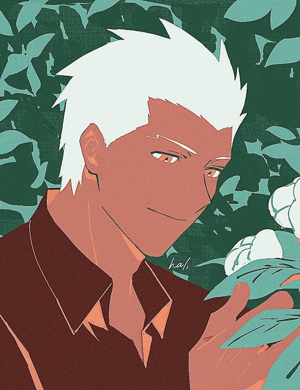 1boy archer_(fate) brown_eyes brown_shirt closed_mouth collared_shirt fate/stay_night fate_(series) flower green_background hal_(haaaalhal) highres jaggy_lines looking_at_flowers male_focus muted_color outdoors shirt short_hair signature smile solo upper_body white_flower white_hair