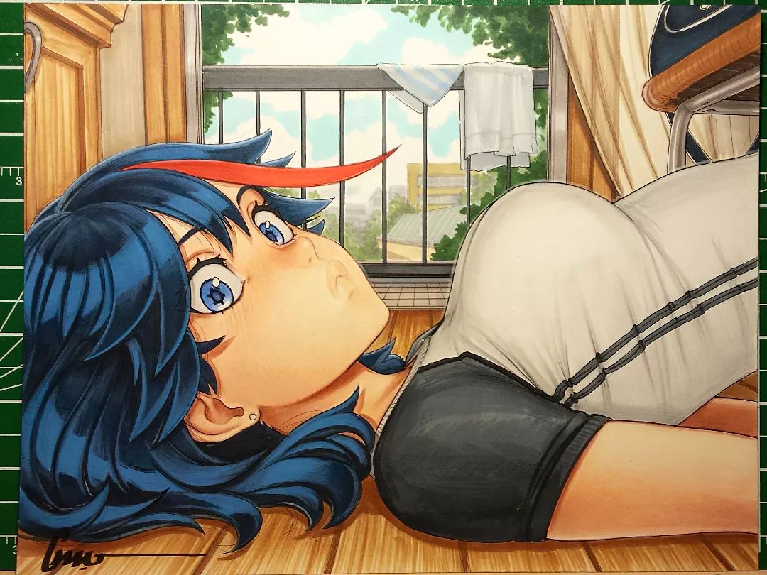 1girl arched_back arms_at_sides art_tools_in_frame artist_name black_bag black_shirt blue_eyes blue_hair blue_sky bob_cut cabinet casual chair cityscape close-up closed_mouth clouds curtains double_vertical_stripe earrings foliage from_side jewelry kill_la_kill lips looking_at_viewer looking_to_the_side loose_hair_strand lying marker_(medium) matoi_ryuuko multicolored_hair omar_dogan on_back on_floor photo_(medium) pursed_lips raglan_sleeves railing raised_eyebrows redhead shirt short_hair signature sky sliding_doors solo stud_earrings tile_floor tiles towel traditional_media tree two-tone_hair two-tone_shirt upper_body white_shirt wide-eyed wooden_floor