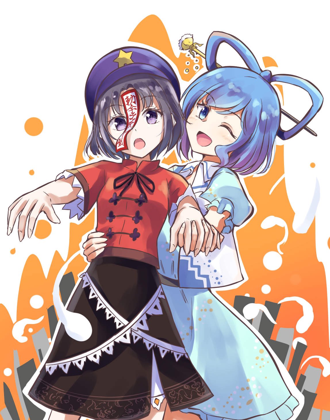 2girls :d black_hair black_ribbon black_skirt blue_dress blue_eyes breasts chinese_clothes collared_vest commentary_request cowboy_shot dress fingernails frilled_dress frilled_sleeves frills hair_ornament hair_rings hair_stick hand_on_another's_hip hat_ornament head_tilt highres holding_hands interlocked_fingers kachuten kaku_seiga looking_at_viewer medium_bangs miyako_yoshika multiple_girls neck_ribbon one_eye_closed open_clothes open_mouth open_vest outstretched_arms puffy_short_sleeves puffy_sleeves purple_headwear red_shirt ribbon shirt short_hair short_sleeves skirt small_breasts smile star_(symbol) star_hat_ornament tangzhuang touhou vest violet_eyes white_background white_vest zombie_pose