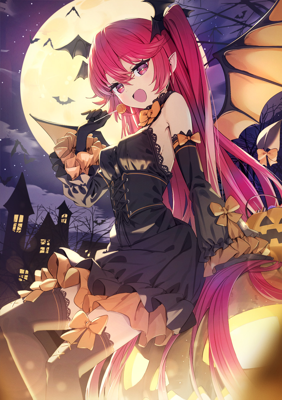 +_+ 1girl bare_shoulders bare_tree bat_(animal) bat_wings black_dress black_gloves black_thighhighs blush bow_legwear breasts building candy demon_tail detached_sleeves dress food full_moon gloves halloween head_wings highres holding holding_candy holding_food holding_lollipop jack-o'-lantern lollipop long_hair looking_at_viewer medium_breasts moon night open_mouth original outdoors pointy_ears pumpkin red_eyes redhead sitting sky smile solo star_(sky) starry_sky tail thigh-highs tree very_long_hair wasabi60 wings