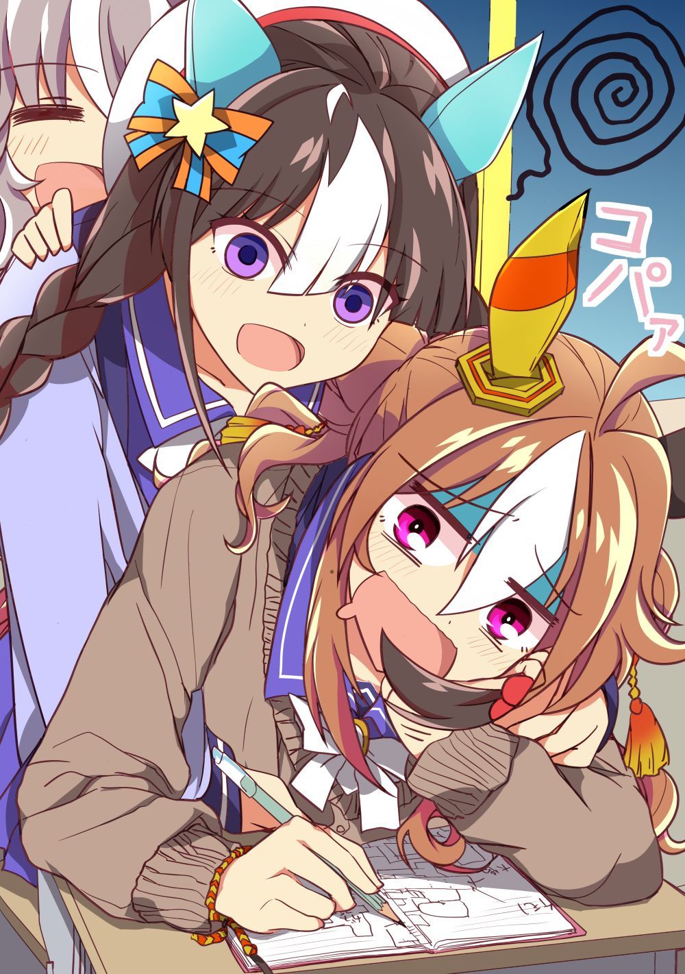 3girls =_= ? ahoge animal_ears blush bow braid brown_hair brown_sweater closed_eyes closed_mouth commentary_request copano_rickey_(umamusume) desk drooling ear_covers gloom_(expression) grey_hair hair_between_eyes hair_ornament hands_on_another's_shoulders head_rest highres hokko_tarumae_(umamusume) holding holding_pencil horse_ears horse_girl looking_at_viewer mouth_drool multicolored_hair multiple_girls notebook one_eye_closed open_mouth pencil purple_skirt school_desk school_uniform sitting skirt smile squiggle streaked_hair sweater tracen_school_uniform twin_braids umamusume violet_eyes wahiko_(black_bastard) white_bow white_hair window wonder_acute_(umamusume) writing