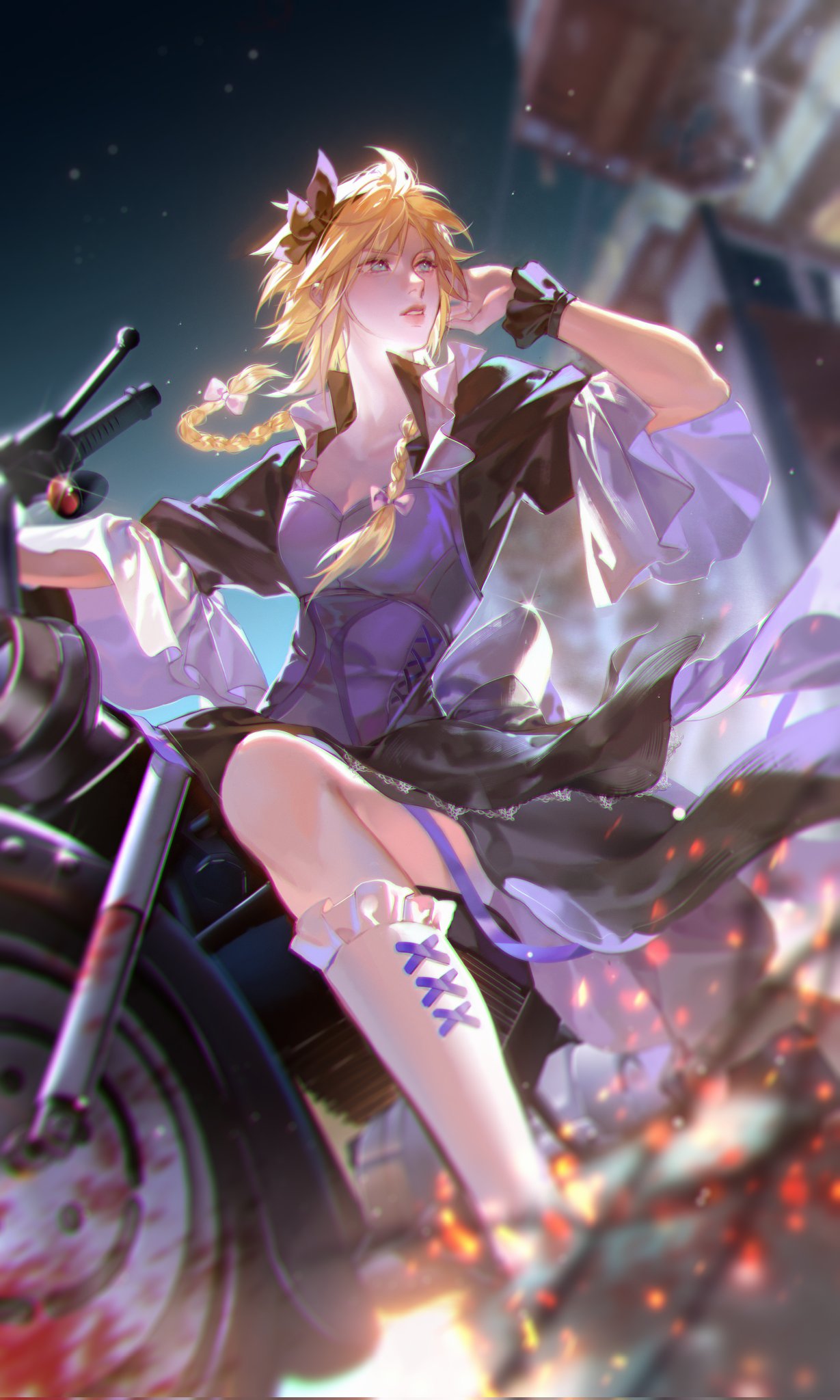 1boy architecture black_ribbon black_wrist_cuffs blonde_hair blood blood_on_vehicle blue_eyes blurry bow braid city cloud_strife corset crossdressing cuntouxiaoyeju depth_of_field dress final_fantasy final_fantasy_vii frilled_dress frilled_sleeves frills hair_bow hair_ribbon hair_tucking hand_to_own_face high_collar highres kneehighs lace lace-trimmed_dress lace_trim long_hair looking_to_the_side male_focus motor_vehicle motorcycle night night_sky on_motorcycle parted_lips pink_lips purple_bow purple_corset purple_dress purple_ribbon ribbon sitting sky socks solo twin_braids white_socks wrist_cuffs