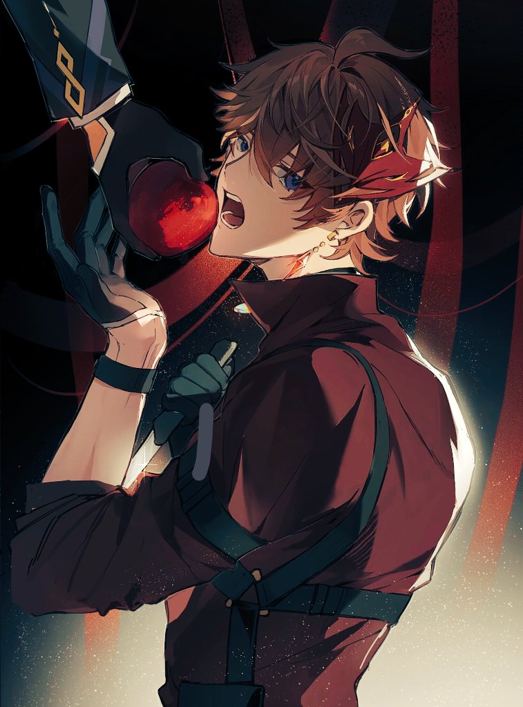 2boys ahoge apple baixikira black_background black_gloves black_jacket blue_eyes collared_shirt crystal_earrings earrings food from_side fruit genshin_impact gloves gradient_background hair_between_eyes hands_up holding holding_food holding_fruit holding_knife jacket jewelry knife long_sleeves looking_at_viewer male_focus mask mask_on_head multiple_boys open_mouth orange_hair red_mask red_shirt shirt short_hair simple_background single_earring solo_focus sparkle standing tape tartaglia_(genshin_impact) teeth tongue white_background zhongli_(genshin_impact)