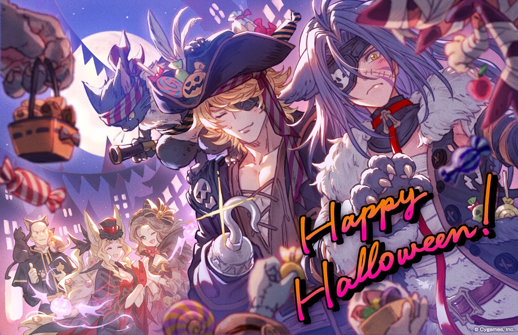 2girls 4boys ^_^ animal_costume animal_ears animal_hands animal_on_shoulder antenna_hair apple bald bandages basket belt blonde_hair bow brown_hair candy canele cat cat_ears closed_eyes closed_mouth costume dante_(granblue_fantasy) erune eyepatch florence_nightingale_(fate) food fruit gawain_(granblue_fantasy) gloves granblue_fantasy hair_ornament halloween hat headband hook_hand long_hair mishra multiple_boys multiple_girls official_art one_eye_closed open_mouth paw_gloves pirate pirate_costume pirate_hat scar smile thumbs_up trick_or_treat upper_body vyrn_(granblue_fantasy) wolf_costume wolf_ears yellow_eyes zehek