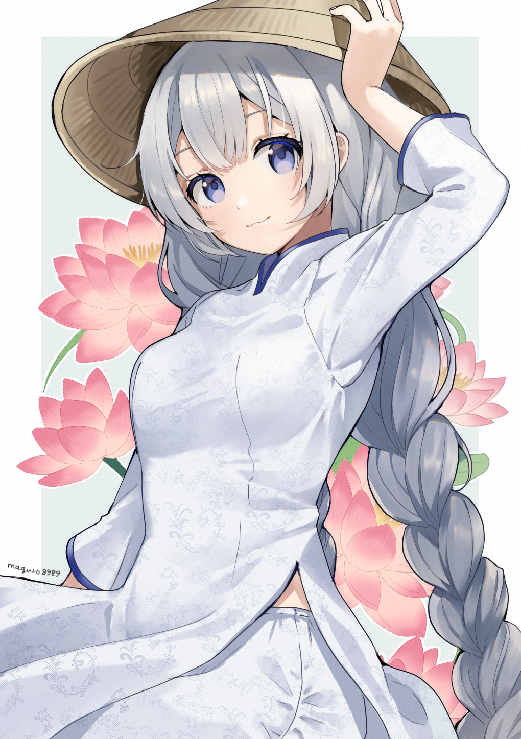 1girl :3 alternate_costume binchou_maguro blue_eyes border braid breasts closed_mouth clothing_request commentary cowboy_shot floral_background flower grey_background grey_hair hand_on_headwear hat highres kizuna_akari light_smile long_hair long_sleeves looking_at_viewer lotus mandarin_collar medium_breasts outside_border pants rice_hat shirt side_slit sleeves_past_elbows solo twin_braids twitter_username very_long_hair vietnamese_clothes vietnamese_dress vocaloid voiceroid white_border white_pants white_shirt