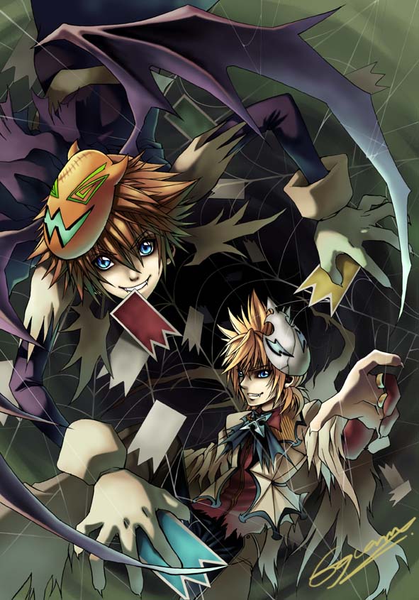 2boys all_fours alternate_costume bat_wings black_eyeshadow black_pants blonde_hair blue_eyes brown_hair card card_in_mouth claws commentary crawling eguana english_commentary engrish_commentary evil_grin evil_smile eyeshadow fang floating_card gloves grin halloween halloween_costume holding holding_card jacket kingdom_hearts kingdom_hearts_ii long_sleeves looking_at_viewer makeup male_focus mask mask_on_head mouth_hold multiple_boys official_alternate_costume open_clothes open_jacket pants reaching reaching_towards_viewer red_shirt roxas shirt short_hair signature silk smile sora_(kingdom_hearts) spider_web spiky_hair standing torn_clothes white_gloves white_jacket wings