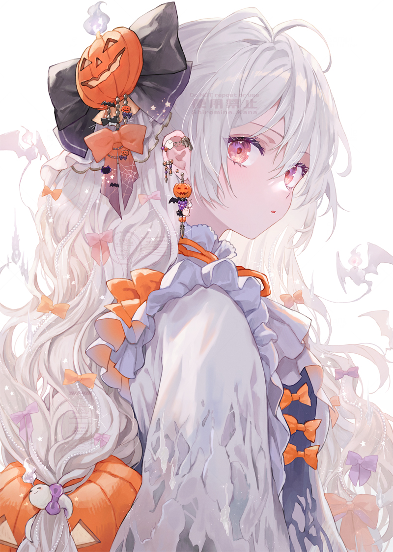 1girl ahoge artist_name bow dress earrings english_commentary frills from_side hair_between_eyes hair_bow hair_ornament halloween jack-o'-lantern jack-o'-lantern_hair_ornament jewelry long_hair long_sleeves looking_at_viewer original puffy_sleeves red_eyes ribbon shiromine_kana simple_background solo upper_body watermark wavy_hair white_background white_hair