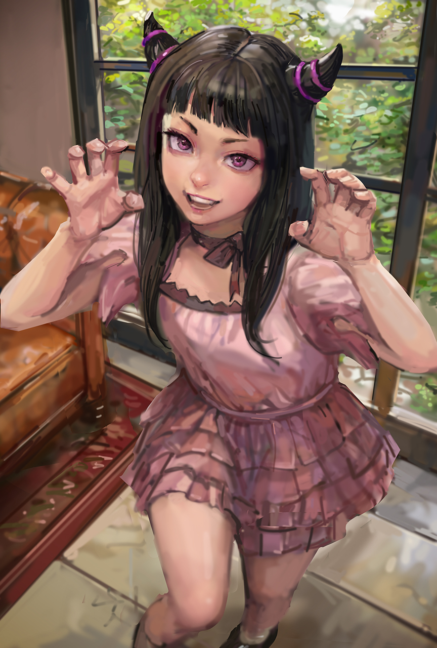 1girl black_hair choker couch day dress han_juri highres horns indoors long_hair looking_at_viewer miche open_mouth paw_pose pink_dress pink_ribbon ribbon ribbon_choker shoes short_sleeves smile solo standing street_fighter street_fighter_6 teeth violet_eyes