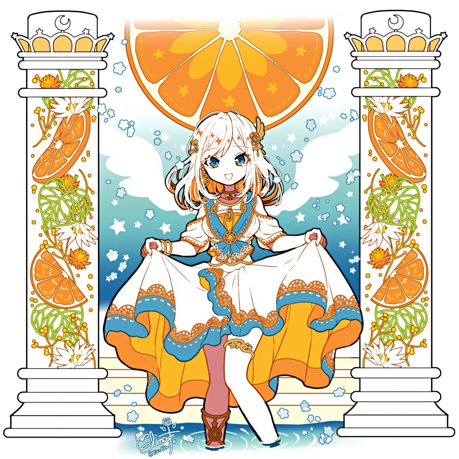 1girl blue_eyes clothes_lift dress elina_(e2n04n) hair_ornament lifted_by_self moon_(ornament) original solo standing standing_on_liquid star_(symbol) thigh_strap water white_hair