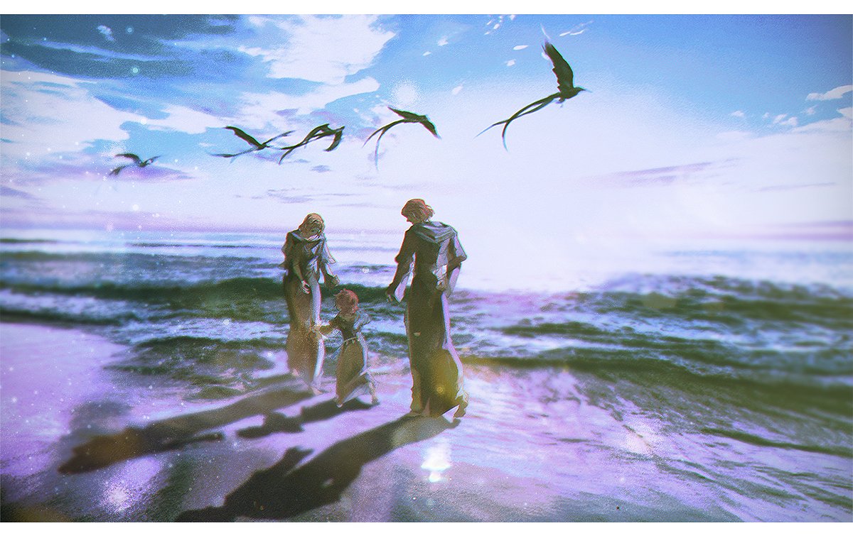 athena_(ff14) barefoot beach black_capelet black_robe blue_sky brown_hair capelet child clouds covered_eyes day erichthonios family final_fantasy final_fantasy_xiv hephaistos_(ff14) hood hood_down hooded_capelet lens_flare letterboxed mask ocean orange_hair outdoors robe scenery short_hair simple_bird skraksff sky walking wide_shot