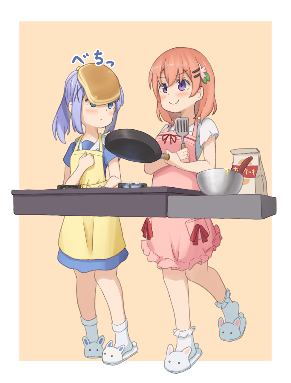 2girls animal_slippers apron blue_dress blue_eyes blue_hair blush bobby_socks border bunny_slippers closed_mouth collared_dress collared_shirt commentary_request cooking dress flour food food_on_head frilled_apron frilled_socks frills frying_pan full_body gochuumon_wa_usagi_desu_ka? hair_between_eyes hair_ornament hairclip highres holding holding_frying_pan holding_spatula hoto_cocoa kafuu_chino light_blue_hair long_hair looking_at_another mixing_bowl mohei multiple_girls object_on_head orange_hair pancake pink_apron ponytail red_ribbon ribbon shirt short_hair short_sleeves sidelocks simple_background slippers smug socks spatula standing standing_on_one_leg stove violet_eyes white_border white_footwear white_shirt white_socks x_hair_ornament yellow_apron yellow_background