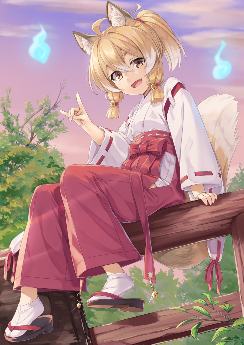 1girl :d animal_ear_fluff animal_ears bell blonde_hair brown_eyes brown_footwear clouds cloudy_sky fang fence fox_ears fox_girl fox_shadow_puppet fox_tail hair_bell hair_between_eyes hair_ornament hakama hakama_pants hitodama japanese_clothes jingle_bell kimono long_sleeves looking_at_viewer miko miri_(ago550421) on_fence original outdoors pants ponytail red_hakama red_pants ribbon-trimmed_sleeves ribbon_trim shoe_soles short_eyebrows sidelocks sitting sitting_on_fence sky smile socks solo tabi tail thick_eyebrows white_kimono white_socks