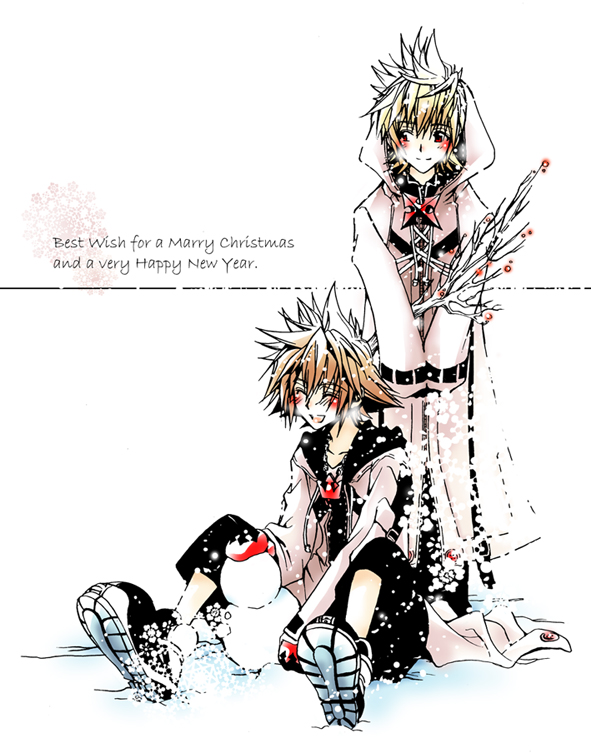 2boys black_footwear black_hood black_pants blonde_hair blush branch brown_hair closed_eyes coat commentary eguana english_commentary english_text facing_viewer happy happy_new_year holding holding_branch hood hooded_coat hooded_jacket jacket kingdom_hearts kingdom_hearts_ii long_coat male_focus merry_christmas mittens multiple_boys open_mouth outdoors pants red_eyes red_mittens roxas shoes short_hair simple_background sitting smile snow snowflakes snowing snowman sora_(kingdom_hearts) spiky_hair standing white_background white_coat white_jacket winter
