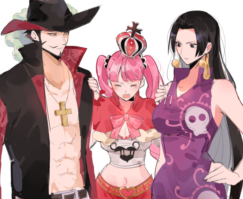 &gt;_&lt; 1boy 2girls bad_id bad_twitter_id bare_shoulders beard belt black_coat blunt_bangs boa_hancock capelet coat commentary_request crop_top cross_pendant crown dracule_mihawk dress earrings facial_hair hand_on_another's_shoulder hand_on_own_hip hat hat_feather hime_cut jewelry joman korean_commentary long_hair looking_at_another looking_down mini_crown multiple_girls muscular muscular_male mustache one_piece perona pink_hair pink_ribbon purple_dress ribbon simple_background sleeveless sleeveless_dress snake_earrings stomach torso twintails white_background