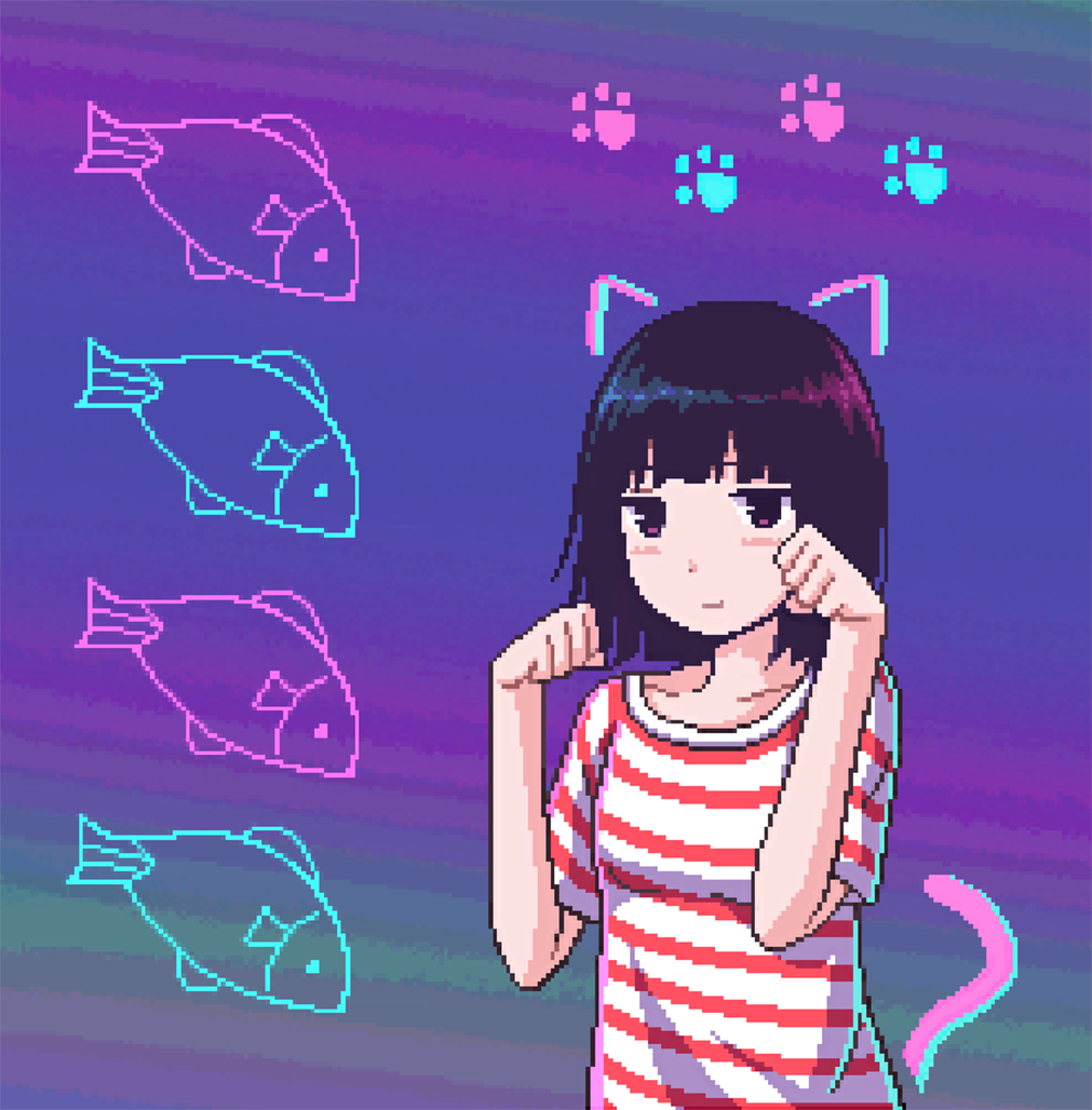 1girl animal_ears black_hair blue_background blunt_bangs blunt_ends blush bob_cut breasts brown_eyes cat_ears cat_tail closed_mouth collarbone commentary fake_animal_ears fake_tail fish gradient_background green_background jitome looking_at_viewer medium_breasts medium_hair nino_berlin original paw_pose paw_print pixel_art purple_background red_shirt shirt small_breasts solo striped striped_shirt symbol-only_commentary tail upper_body white_shirt
