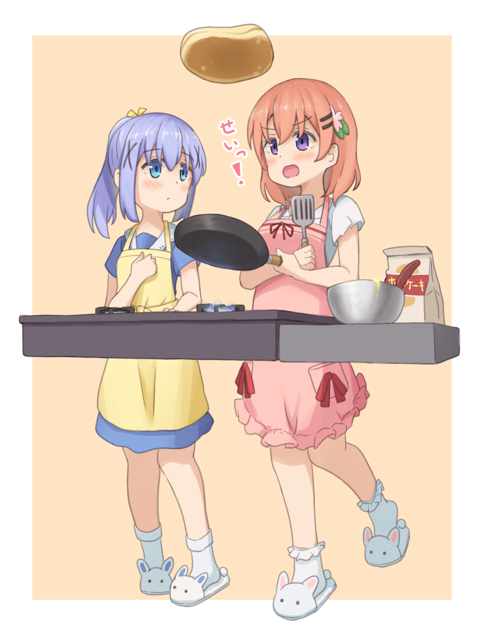 2girls animal_slippers apron blue_dress blue_eyes blue_hair blush bobby_socks border bunny_slippers closed_mouth collared_dress collared_shirt commentary_request cooking dress flour food frilled_apron frilled_socks frills frying_pan full_body gochuumon_wa_usagi_desu_ka? hair_between_eyes hair_ornament hairclip highres holding holding_frying_pan holding_spatula hoto_cocoa kafuu_chino light_blue_hair long_hair looking_at_another mixing_bowl mohei multiple_girls open_mouth orange_hair pancake pink_apron ponytail red_ribbon ribbon shirt short_hair short_sleeves sidelocks simple_background slippers socks spatula standing standing_on_one_leg stove violet_eyes white_border white_footwear white_shirt white_socks x_hair_ornament yellow_apron yellow_background