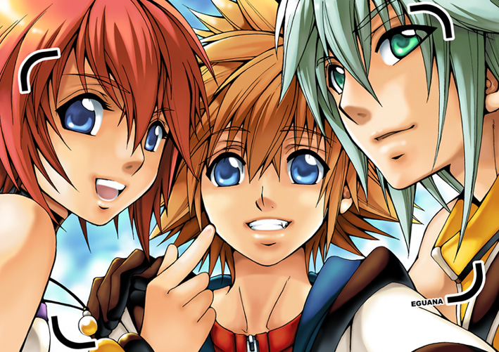 1girl 2boys black_gloves blue_eyes brown_hair clouds cloudy_sky day eguana facing_viewer gem gloves green_eyes grey_hair grin hand_on_another's_shoulder hand_up hood hooded_jacket jacket jewelry kairi_(kingdom_hearts) kingdom_hearts looking_at_viewer medium_hair multiple_boys necklace open_mouth outdoors redhead riku_(kingdom_hearts) selfie short_hair sky sleeveless smile sora_(kingdom_hearts) spiky_hair vest viewfinder yellow_gemstone yellow_vest