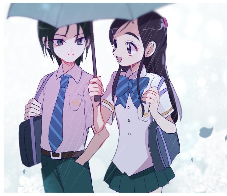 1boy 1girl black_hair futari_wa_precure holding holding_umbrella kiriya_(futari_wa_precure) kojikoji precure rain school_uniform umbrella yukishiro_honoka