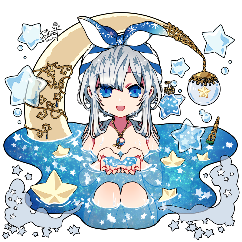 1girl bathing blue_eyes crescent elina_(e2n04n) floating grey_hair jewelry looking_at_viewer necklace nude open_mouth original sitting solo star_(symbol)