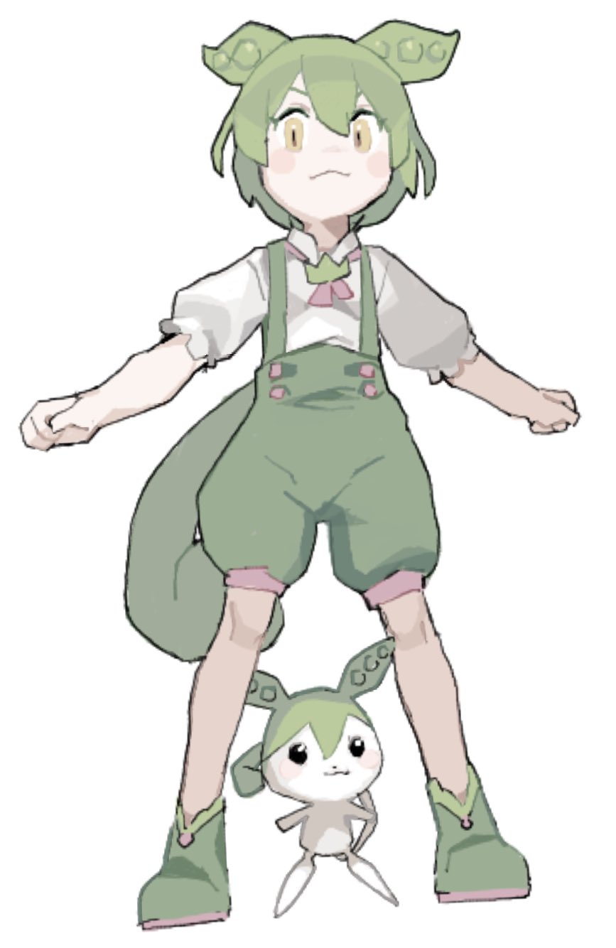 1girl :3 blush_stickers boots closed_mouth commentary_request creature creature_and_personification full_body green_brooch green_footwear green_hair highres legs_apart long_hair looking_at_viewer low_ponytail mugi_tamago neck_ribbon outstretched_arms pink_ribbon puffy_short_sleeves puffy_shorts puffy_sleeves ribbon shirt shirt_tucked_in short_sleeves shorts simple_background solo spread_arms standing suspender_shorts suspenders v-shaped_eyebrows very_long_hair voiceroid voicevox white_background white_shirt yellow_eyes zundamon