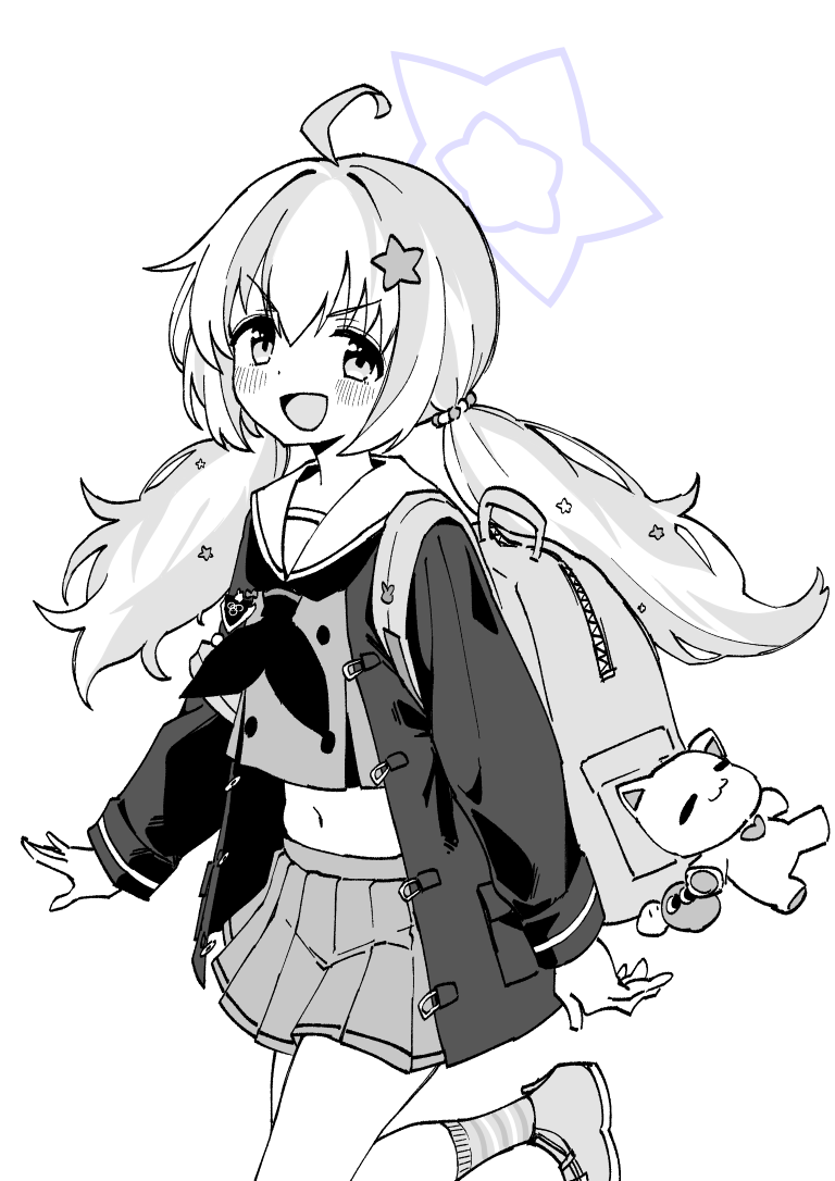 1girl backpack bag blue_archive blush greyscale hair_ornament halo jacket long_hair long_sleeves looking_at_viewer monochrome neckerchief open_clothes open_jacket open_mouth pleated_skirt purple_halo reisa_(blue_archive) sailor_collar school_uniform serafuku shigatsu_shizuki shoes simple_background skirt smile socks solo star_(symbol) star_hair_ornament striped striped_socks twintails white_background