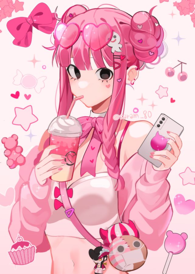 1girl bad_id bad_twitter_id bag bag_charm bear black_eyes blunt_bangs bra braid candy charm_(object) cherry commentary commentary_request cup double_bun dracule_mihawk earrings eyelashes eyewear_on_head food fruit hair_bun heart holding holding_cup holding_phone jewelry joman korean_commentary kumacy looking_at_viewer milkshake one_piece perona phone pink_background pink_hair pink_nails pink_ribbon pink_vest ribbon shoulder_bag sidelocks solo star_(symbol) sunglasses underwear vest