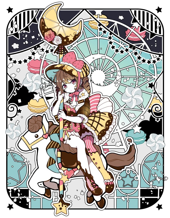 1girl asymmetrical_legwear brown_hair elina_(e2n04n) frills hat holding holding_staff horse looking_at_viewer mismatched_legwear multicolored_clothes original solo staff star_(symbol) thigh-highs