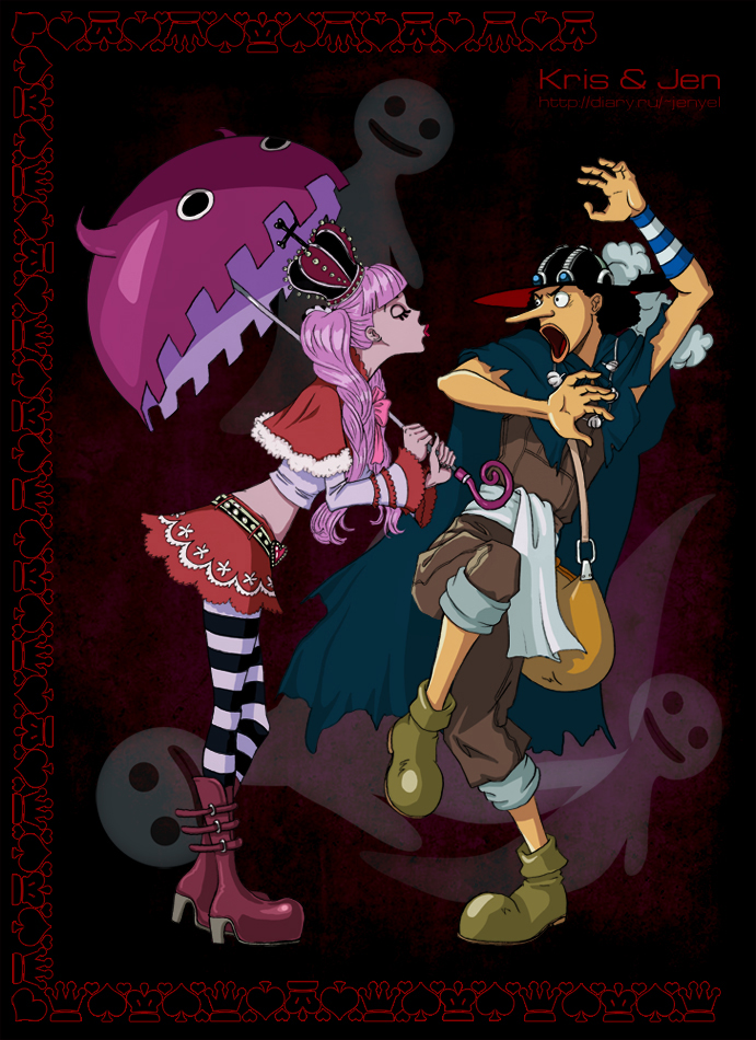 1boy 1girl artist_name black_eyes black_hair blunt_bangs capelet closed_eyes commentary crown english_commentary full_body goggles goggles_on_headwear hat hat_feather holding holding_umbrella kris&amp;jen lipstick long_hair long_nose makeup one_piece open_mouth perona pink_hair red_lips short_hair striped twintails umbrella usopp waiting_for_kiss web_address