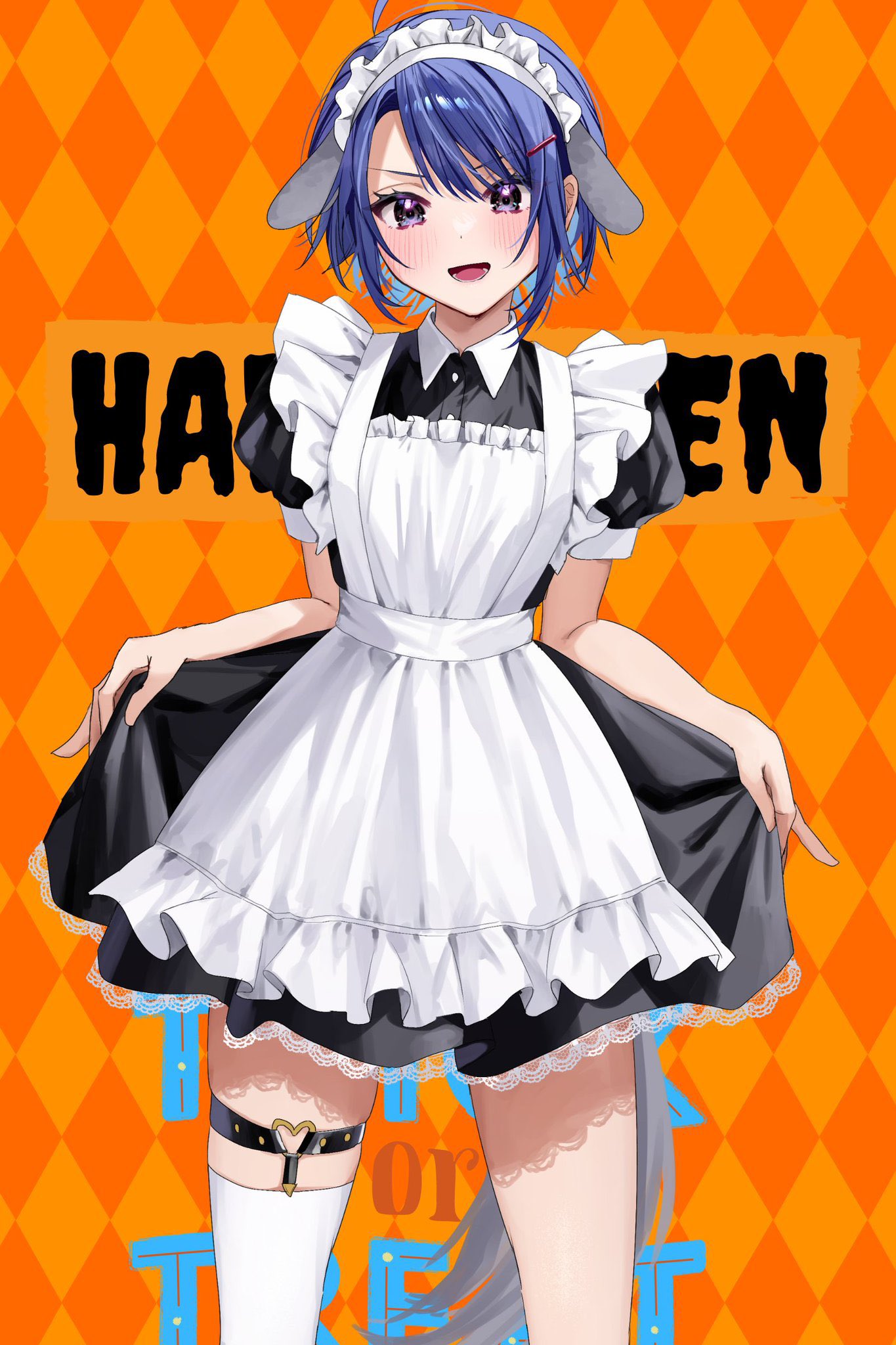 1girl ahoge alternate_costume apron black_dress blue_hair blush chigusa_minori commentary_request dress enmaided frilled_apron frills hair_ornament hairclip halloween highres himeno_akira jitsuha_imouto_deshita. lace-trimmed_dress lace_trim looking_at_viewer lower_teeth_only maid maid_apron maid_headdress official_art open_mouth orange_background puffy_short_sleeves puffy_sleeves second-party_source shadow short_hair short_sleeves sidelocks single_thighhigh skindentation skirt_hold solo teeth thigh-highs violet_eyes white_apron white_background