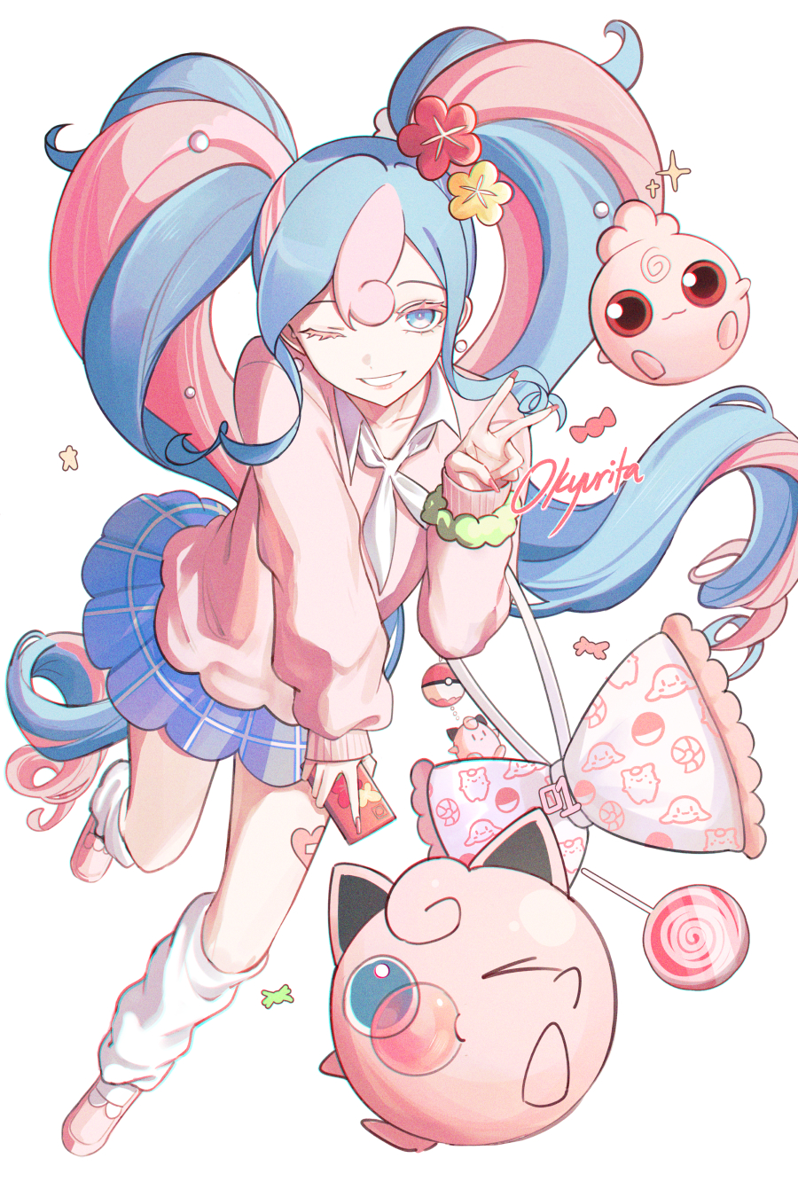 1girl blue_skirt candy cardigan cellphone chewing_gum commentary earrings english_commentary fairy_miku_(project_voltage) flower food hair_flower hair_ornament hatsune_miku highres holding holding_phone igglybuff jewelry jigglypuff leg_warmers lollipop long_hair multicolored_hair nail_polish okyurita one_eye_closed phone pink_cardigan pink_footwear pink_nails pokemon pokemon_(creature) project_voltage red_eyes scrunchie signature skirt smile swirl_lollipop twintails two-tone_hair v very_long_hair vocaloid white_background wrist_scrunchie