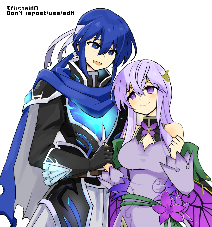 bandana bare_shoulders blue_eyes blue_hair brother_and_sister cosplay costume deirdre_(fire_emblem) deirdre_(fire_emblem)_(cosplay) fire_emblem fire_emblem:_genealogy_of_the_holy_war hand_grab julia_(fire_emblem) long_hair looking_at_another purple_hair seliph_(fire_emblem) siblings sigurd_(fire_emblem) sigurd_(fire_emblem)_(cosplay) simple_background smile violet_eyes yukia_(firstaid0)