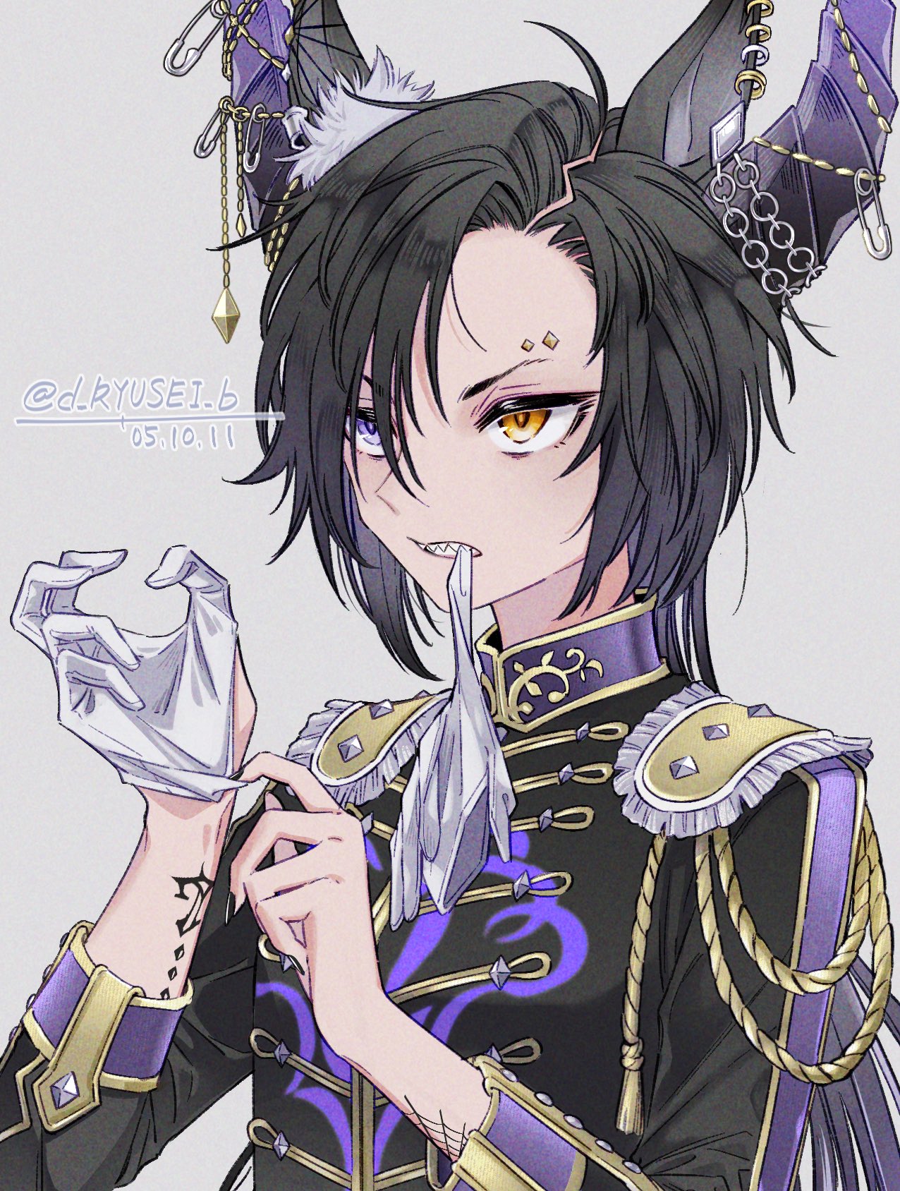 1girl adjusting_clothes adjusting_gloves air_shakur_(belphegor's_prime)_(umamusume) air_shakur_(umamusume) animal_ears arm_tattoo asymmetrical_bangs black_hair black_jacket breasts chain clenched_teeth dated demon_horns ear_piercing epaulettes eyebrow_piercing glove_in_mouth gloves grey_background heterochromia highres horns horse_ears jacket long_hair long_sleeves looking_afar military_jacket mouth_hold official_alternate_costume official_alternate_eye_color parted_bangs piercing putting_on_gloves ryusei_(ryusei_b) safety_pin sharp_teeth simple_background small_breasts solo tattoo teeth teeth_hold twitter_username umamusume unworn_gloves v-shaped_eyebrows violet_eyes white_gloves yellow_eyes
