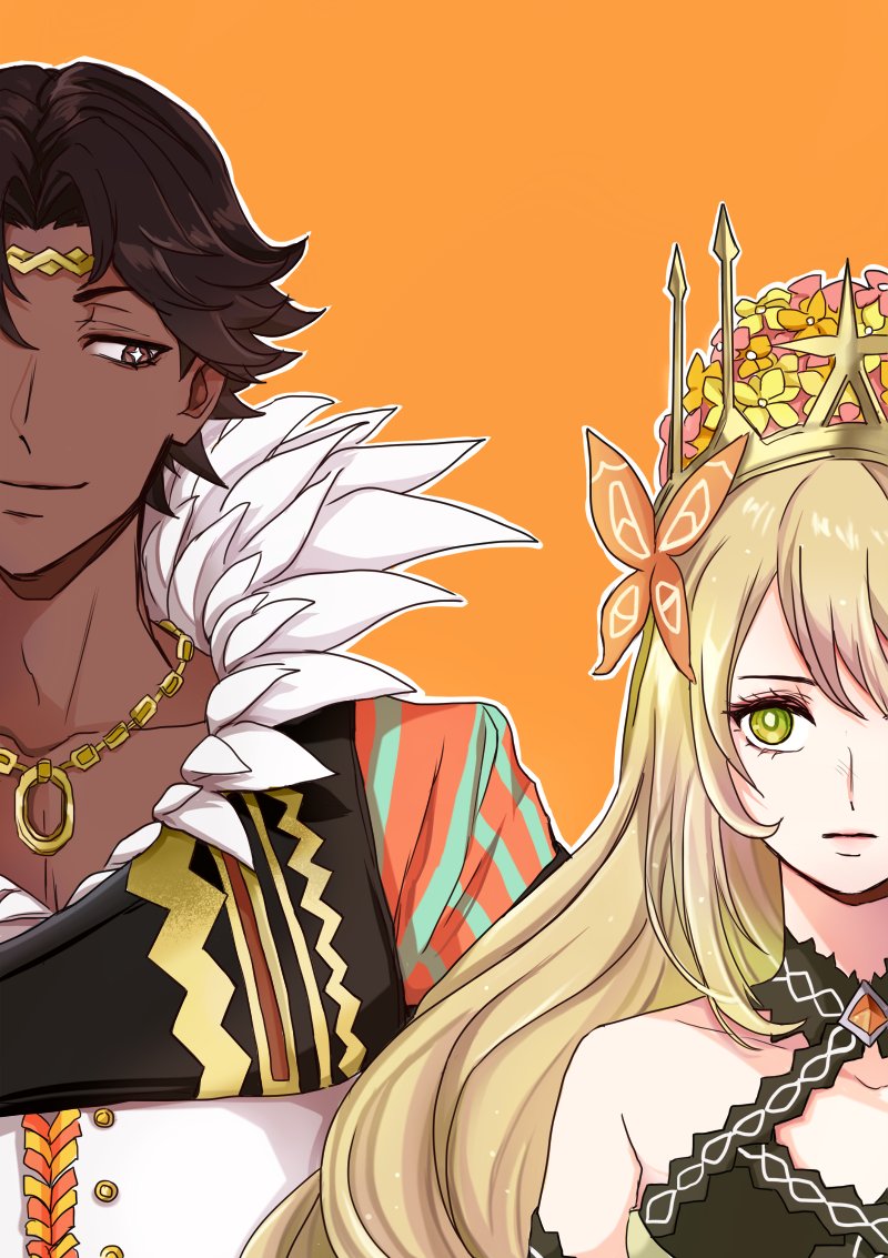 1boy 1girl blonde_hair brown_eyes brown_hair butterfly_hair_ornament celine_(fire_emblem) chain_necklace circlet closed_mouth crown dark-skinned_male dark_skin feather_trim fire_emblem fire_emblem_engage fogado_(fire_emblem) green_eyes hair_ornament jewelry long_hair looking_at_another marureenu necklace short_hair smirk