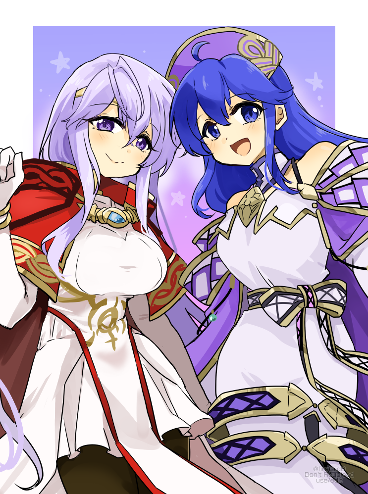 :d bare_shoulders blue_eyes blue_hair breasts cosplay costume_switch dress fire_emblem fire_emblem:_genealogy_of_the_holy_war fire_emblem:_the_binding_blade julia_(fire_emblem) large_breasts lilina_(fire_emblem) looking_at_viewer pantyhose purple_hair smile violet_eyes white_dress yukia_(firstaid0)