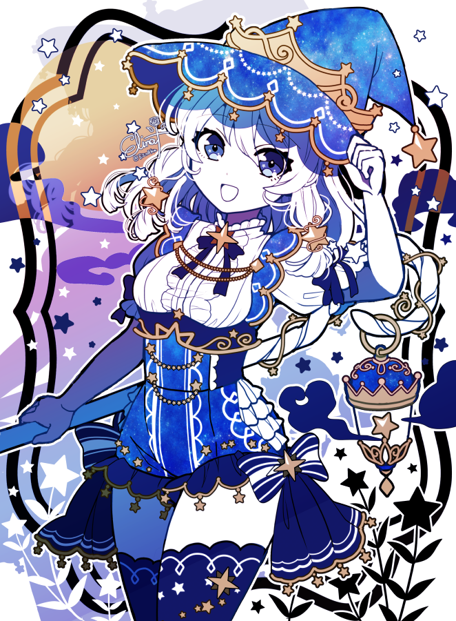 1girl blue_eyes blue_ribbon blue_thighhighs corset elina_(e2n04n) frills hat holding holding_staff original ribbon solo staff star_(symbol) thigh-highs white_hair witch_hat
