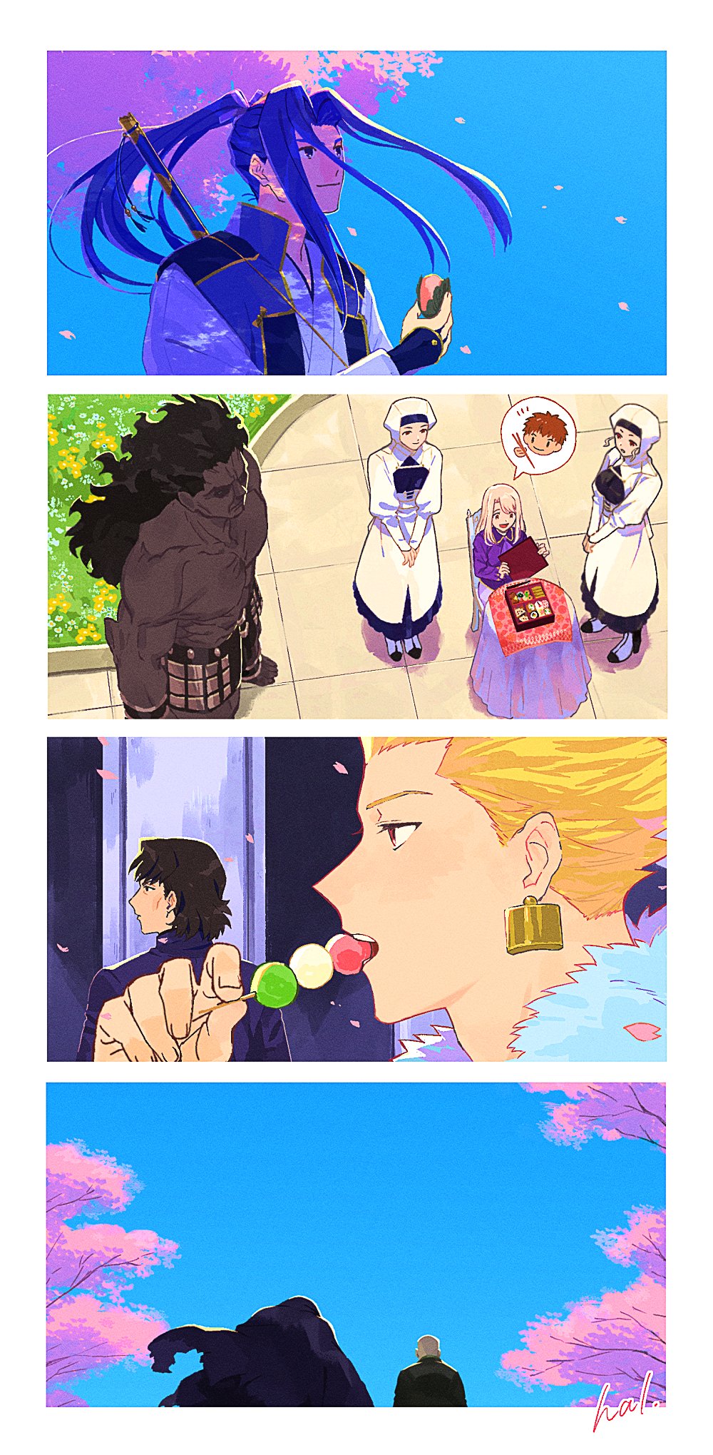 3girls 6+boys barefoot bento blonde_hair brown_hair character_request cherry_blossoms chopsticks closed_mouth dango dark_skin earrings emiya_shirou fate/stay_night fate_(series) fingernails food food_request gilgamesh_(fate) gold_earrings hal_(haaaalhal) heracles_(fate) highres holding holding_chopsticks holding_food holding_skewer illyasviel_von_einzbern jewelry kotomine_kirei leysritt_(fate) long_hair maid multiple_boys multiple_girls outdoors petals ponytail puffy_sleeves purple_hair purple_shirt sella_(fate) shirt short_hair skewer spring_(season) sushi topless_male wagashi weapon weapon_on_back white_headdress