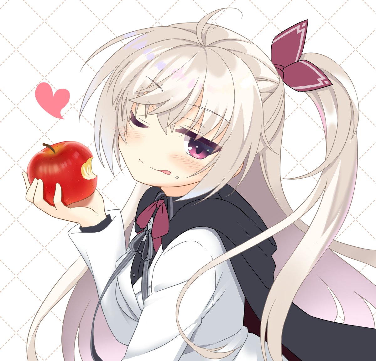 1girl ;q ahoge akizuki_kanna apple bitten_apple black_cape black_ribbon blush cafe_stella_to_shinigami_no_chou cape closed_mouth commentary crossed_bangs eyes_visible_through_hair food food_bite food_on_face fruit hair_between_eyes hand_up head_tilt heart holding holding_food holding_fruit jacket jitome long_hair long_sleeves looking_at_viewer neck_ribbon one_eye_closed red_ribbon ribbon side_ponytail simple_background smile solo tatsuya_(trypaint) tongue tongue_out upper_body very_long_hair violet_eyes white_background white_hair white_jacket